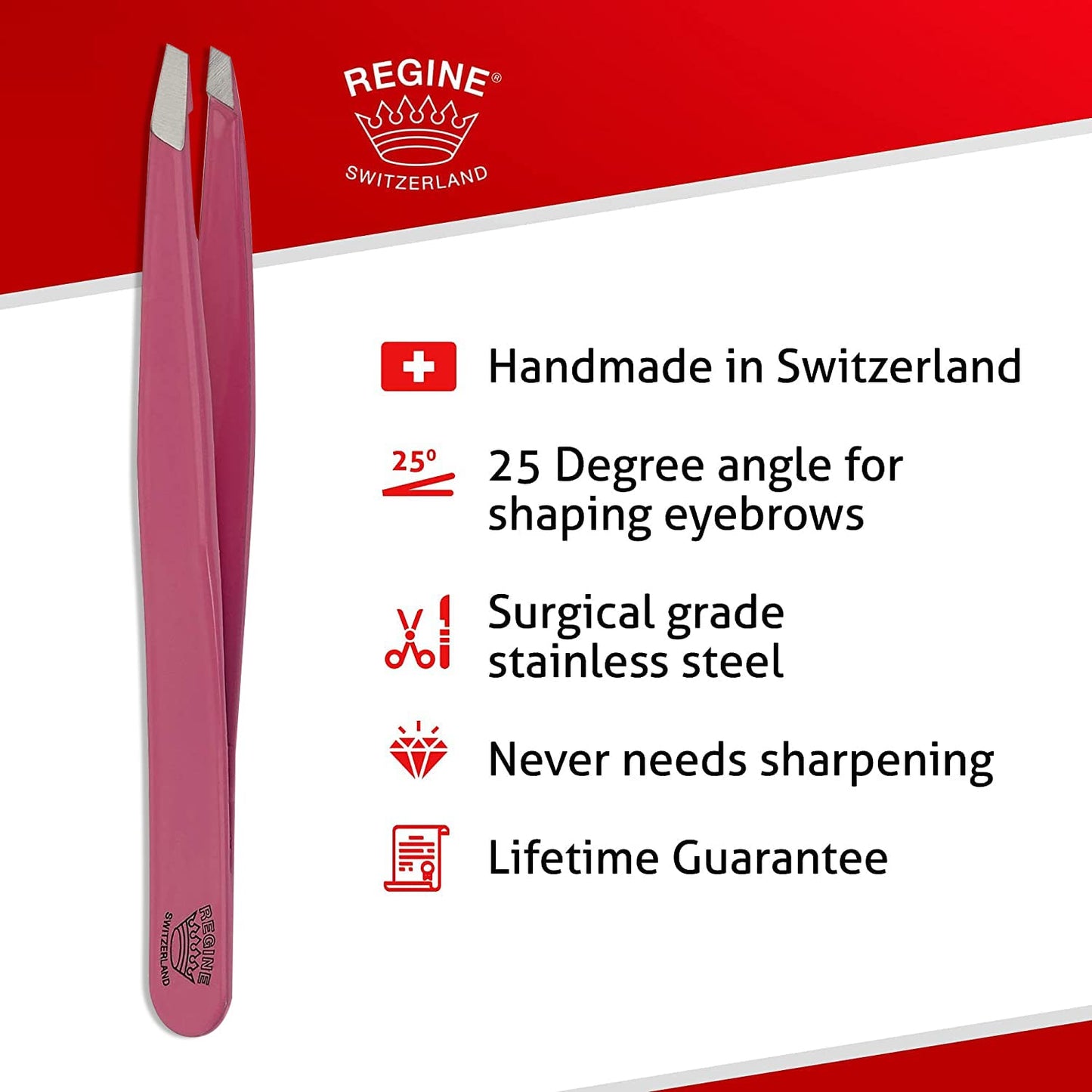 Regine Switzerland Slant Tweezer - Handmade in Switzerland - Professional Eyebrow & Facial Hair Remover - Etched Interior Grabs Hair from The Root - Perfectly Aligned Tips - Stainless Steel, Pink