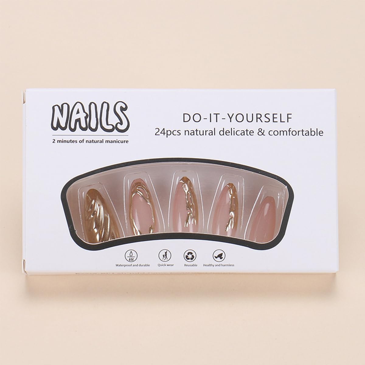 Short Almond Press-On Nails - 3D Gold Carved Ripple Design | Glossy Full Cover Acrylic Nails - 24 Pcs Nude Pink Manicure Set