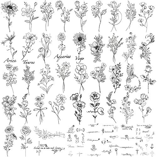 Yazhiji Black Words Flowers Temporary Tattoo Pack 90 Sheets - Inspirational Quotes & Floral Designs for Adults & Kids