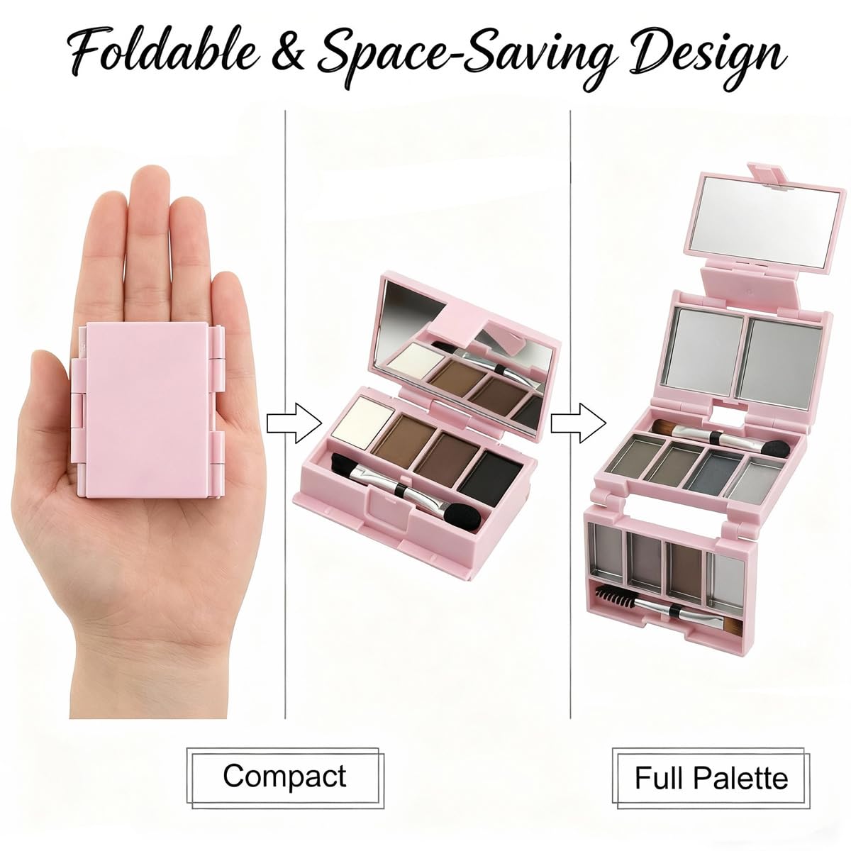 Foldable Magnetic Empty Makeup Palette with Mirror - 3-Layer DIY Travel Makeup Palette, Compact Magnetic Palette for Eyeshadow Blush, Mini Portable Cosmetic Kit with 10 Pans Brushes&Tools, Pink,1 Pack