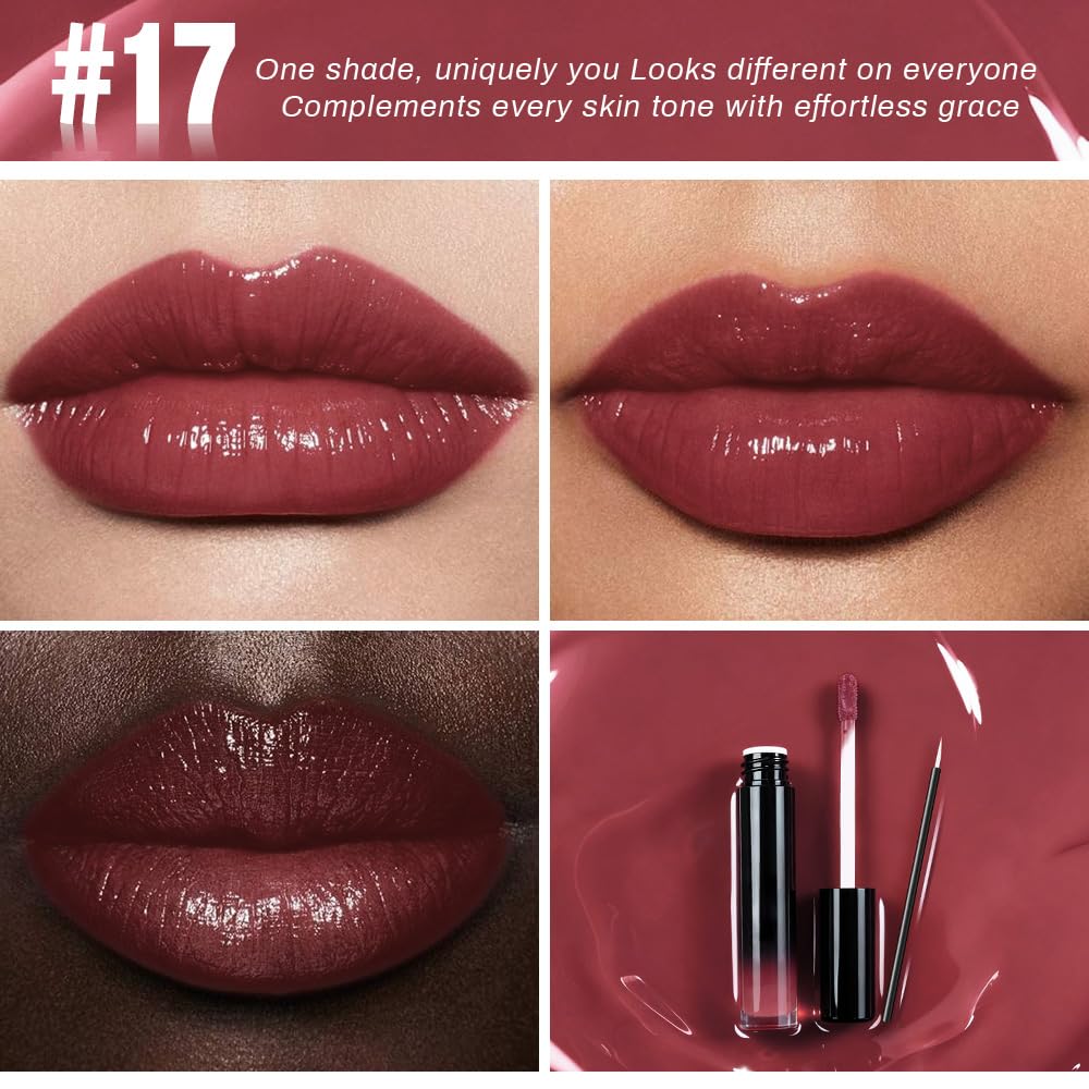 evpct Mauve Red Shiny Longwear No-Budge Liquid Lip Color Lipstick Makeup, Highly Pigmented Color Instant Shine, Waterproof Long Lasting Lipstick for Women, Lip Stain Gloss with Lip Liner Brush, 17#