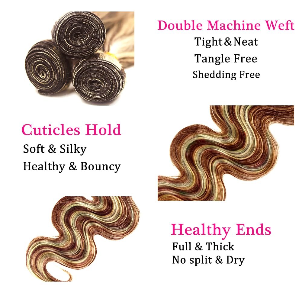 P33/613 Hilight Blonde Bundles Human Hair Body Wave Bundles 30 32 34 Inch Brown Body Wave Bundles Unprocessed Brazilian Virgin Hair Deals Quick Weave Hair Extensions 3 Bundle 100 Gram Per Bundle
