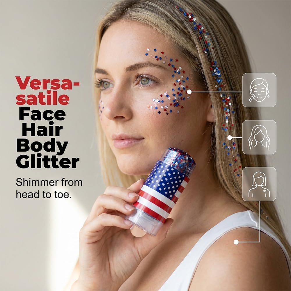 Patriotic 4th of July Glitter Stick | Self Adhesive Red White Blue Face & Body Sparkle | Waterproof Long Lasting Hair Makeup for Festivals, Parades & Kids (2 Pcs)