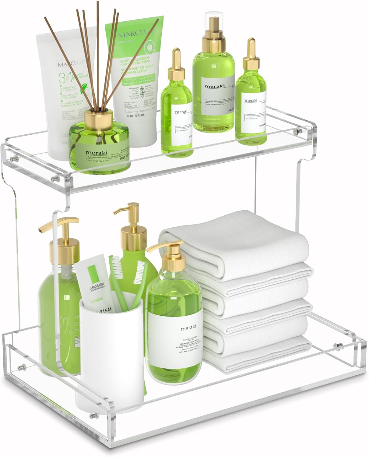 Acrylic Bathroom Counter Organizer - 2-Tier Clear Corner Storage Shelf for Makeup & Cosmetics | Vanity Tray