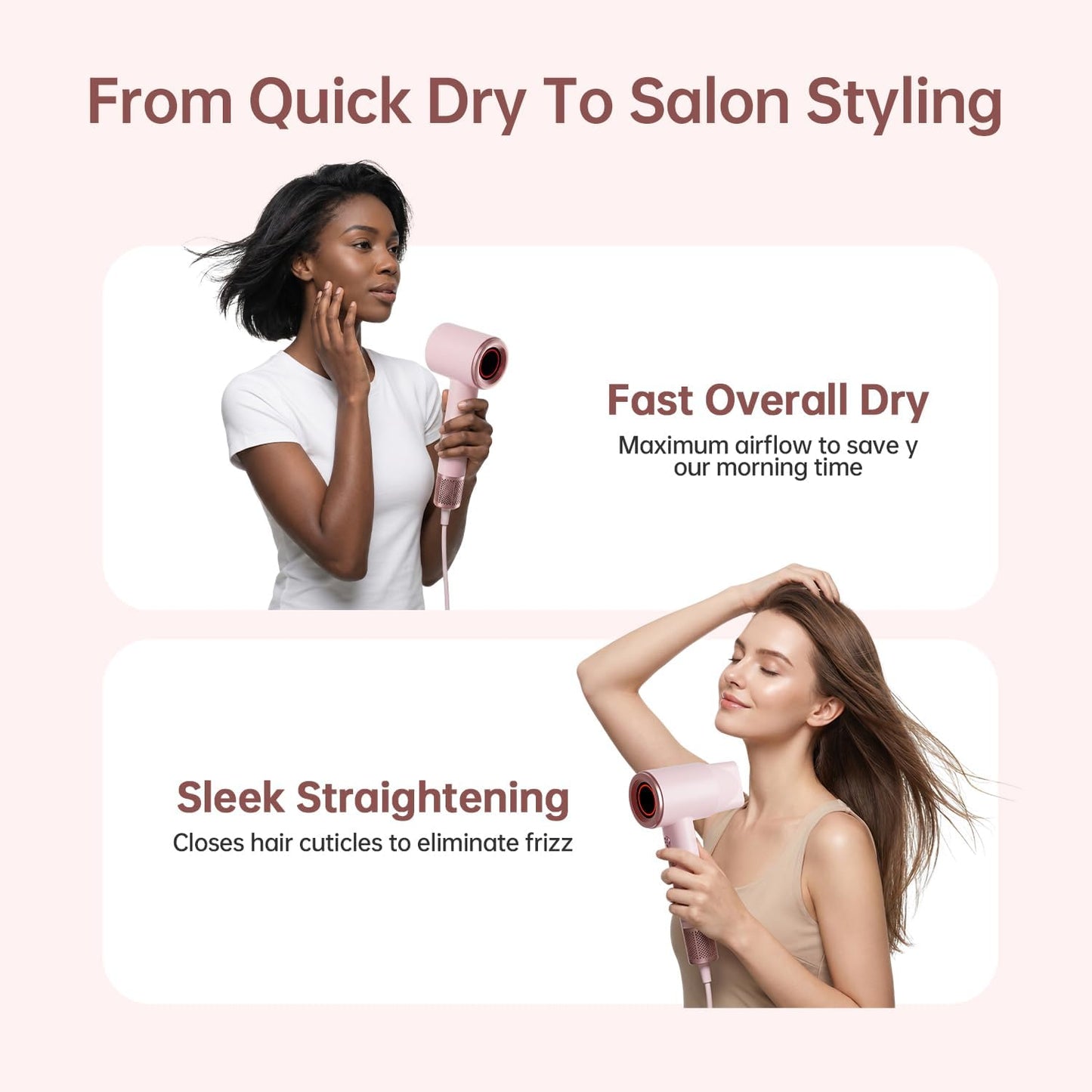 BOWEI High-Speed Hair Dryer - 110,000 RPM Lightweight Blow Dryer with Smart Thermo-Control | Pink, Anti-Frizz, All Hair Types