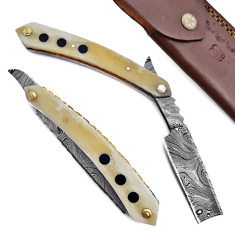 Damascus Steel Straight Razor Folding Razor With Shaving Ready Classic Barber Blade Edge, Men Straight Razor, Leather Case + Strop, Close Shave, Great Gift R-79