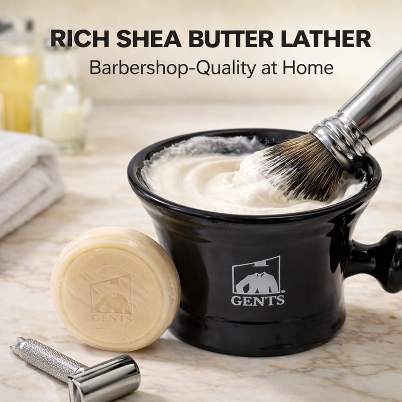 G.B.S GENTS Heavy Duty Black Ceramic Shaving Bowl, Mug with Natural Shave Soap – for use with up to 3” Shaving Soaps and Lathering Shave Cream Cup – Pommel Handle (Black)