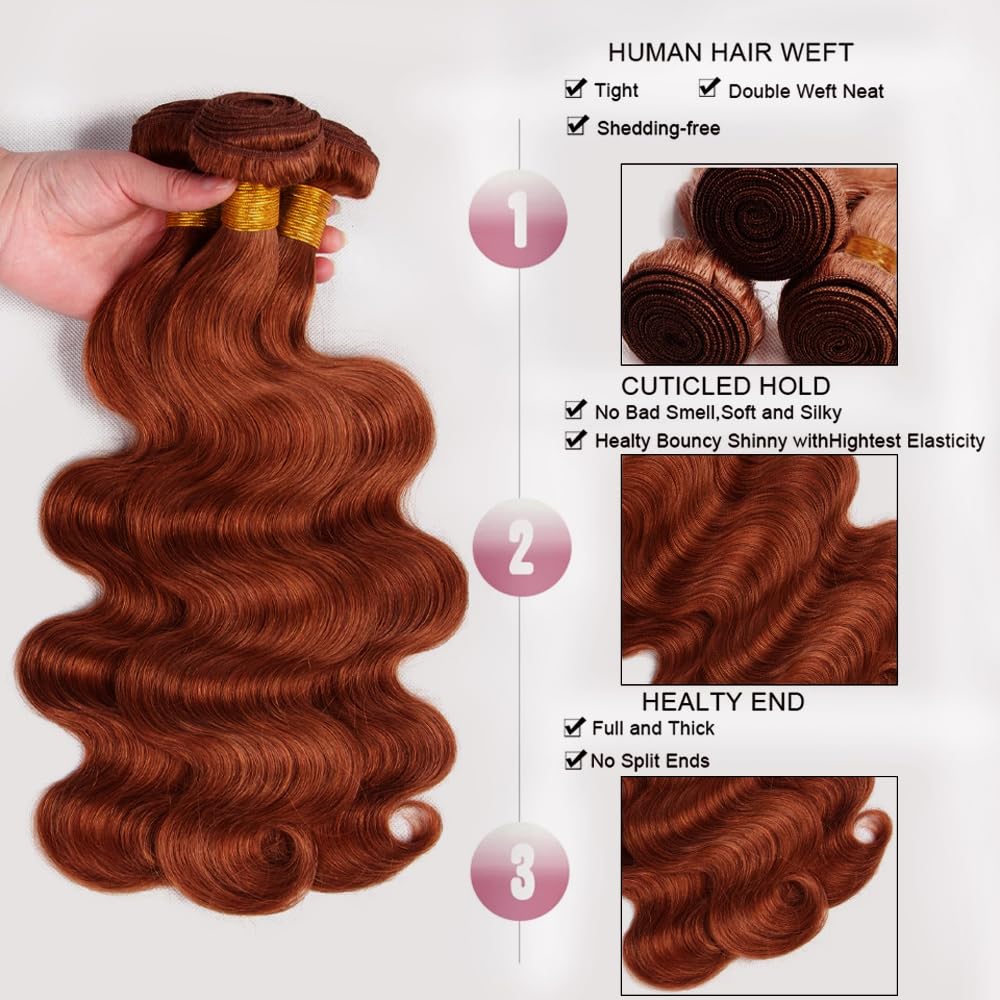 30 32 34 Inch Color 33 Body Wave Bundles Human Hair Auburn Bundle Huxowax Brazilian Virgin Soft and Silky Remy Hair Extensions Double Weft Copper Brown Body Wave Bundle 300g