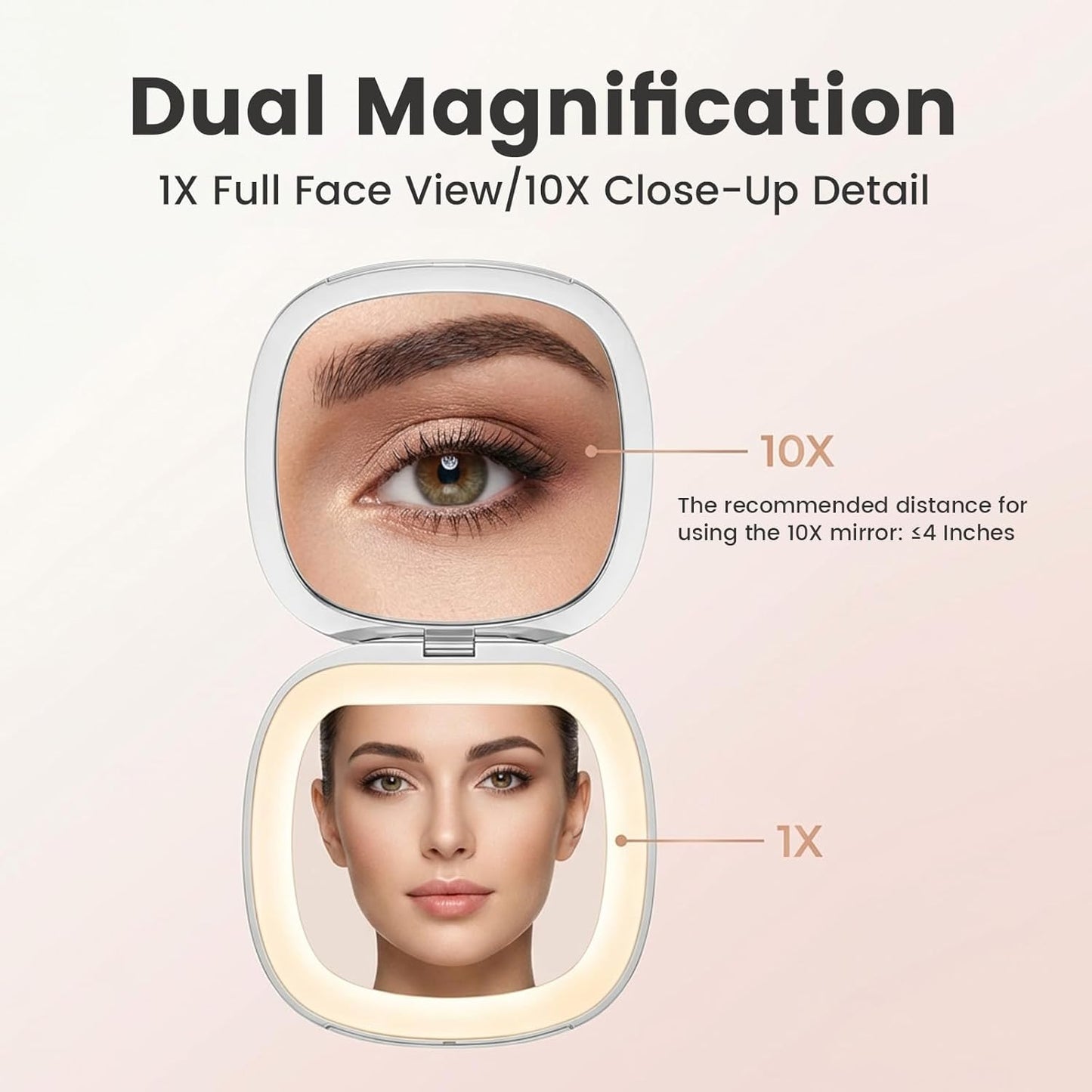 10X Magnifying Compact Makeup Mirror - Dimmable LED Light, Double-Sided 4" Portable Handheld Design | Rechargeable Travel Vanity Mirror