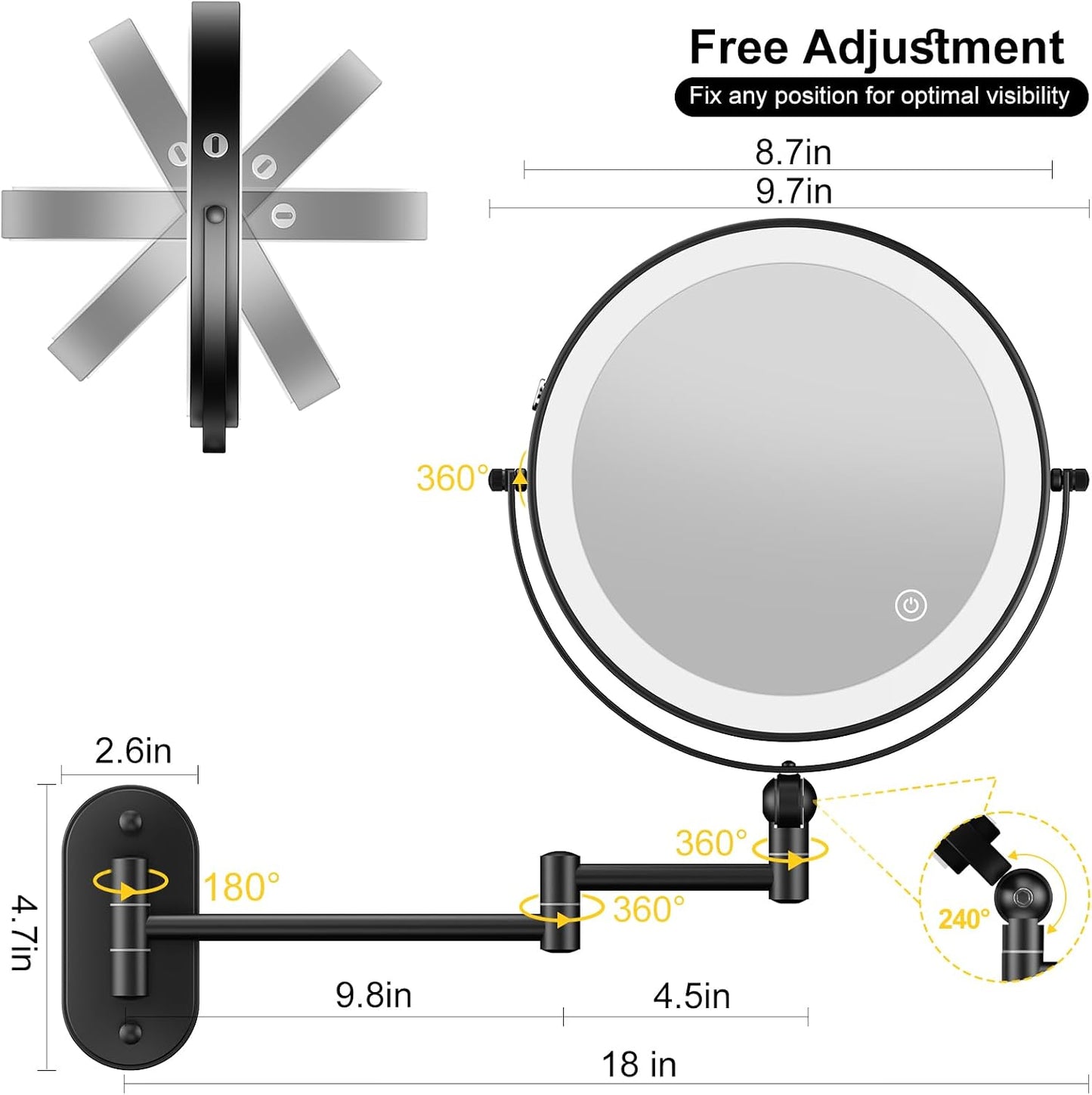 Lighted Makeup Mirror - 9" Wall Mounted 1X/10X Magnifying Mirror with 3 Color Lights | Rechargeable, Touch Dimmable, 360° Rotation