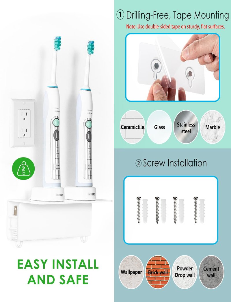 Haohaio Acrylic Electric Toothbrush Holder for Bathroom, Wall Mounted Electric Toothbrush Holder with Hidden Cable Management, Space-Saving and Convenient for Charging -White-2P