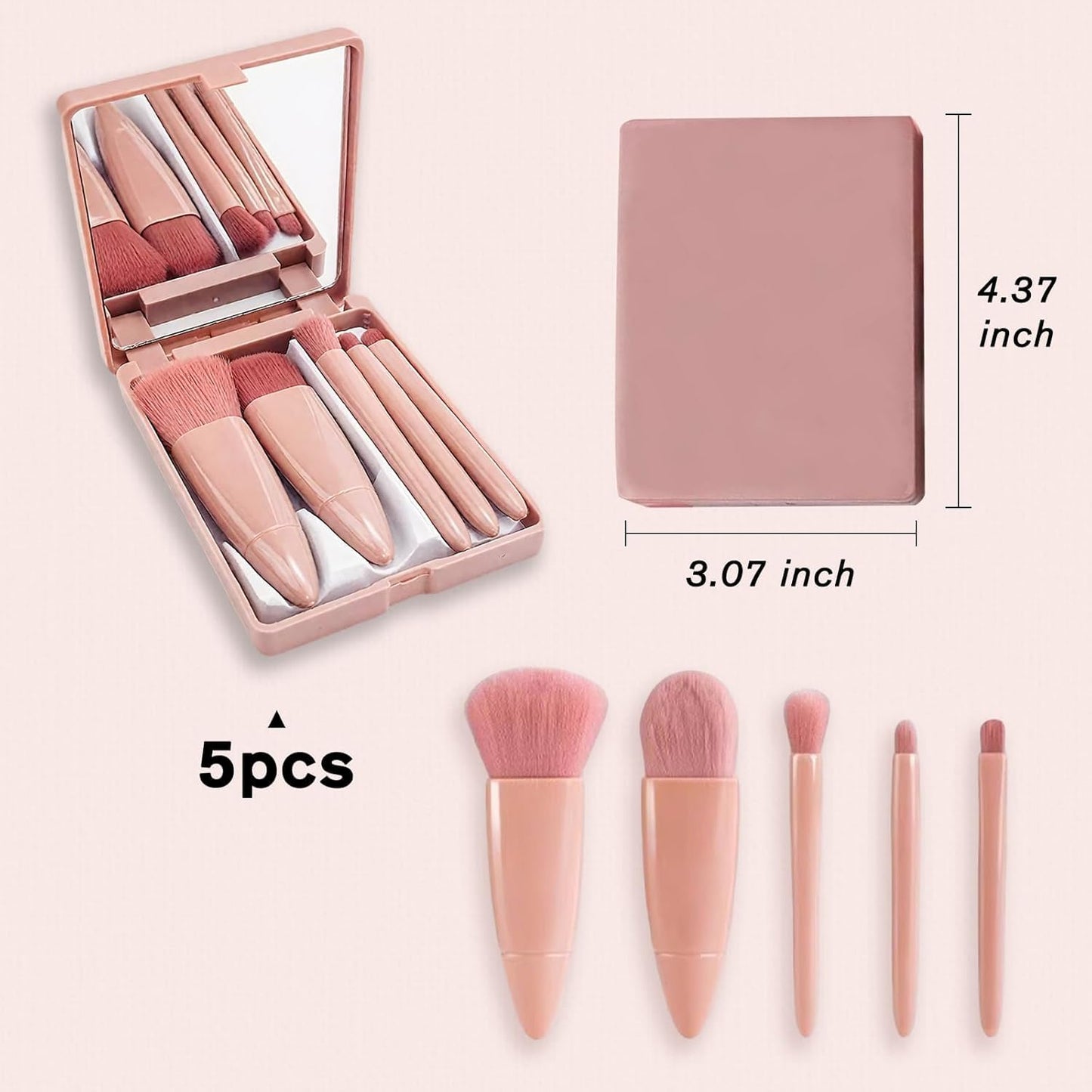 5PCS Portable Travel Makeup Brush Set With Mirror, Mini Complete Function Cosmetic Brushes Kit, Blush Brush Eyeshadow Brush With Mirror Box