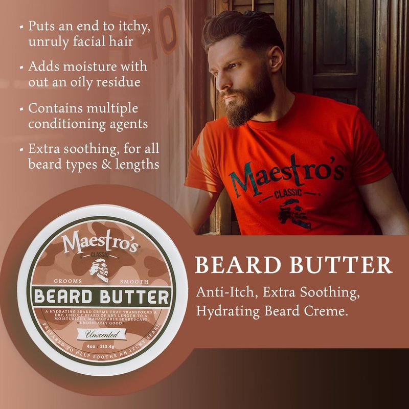 Maestro's Classic BEARD BUTTER | Anti-Itch, Extra Soothing, Hydrating Beard Creme For All Beard Types & Lengths- Unscented, 4 Ounce