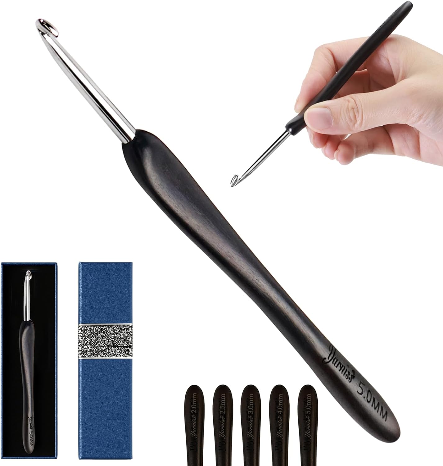 Artisan Stainless Steel Crochet Hooks Set - 2.0-4.0mm Handmade Needles with Ebony Handle for Beginners | Perfect Gift for Crocheters