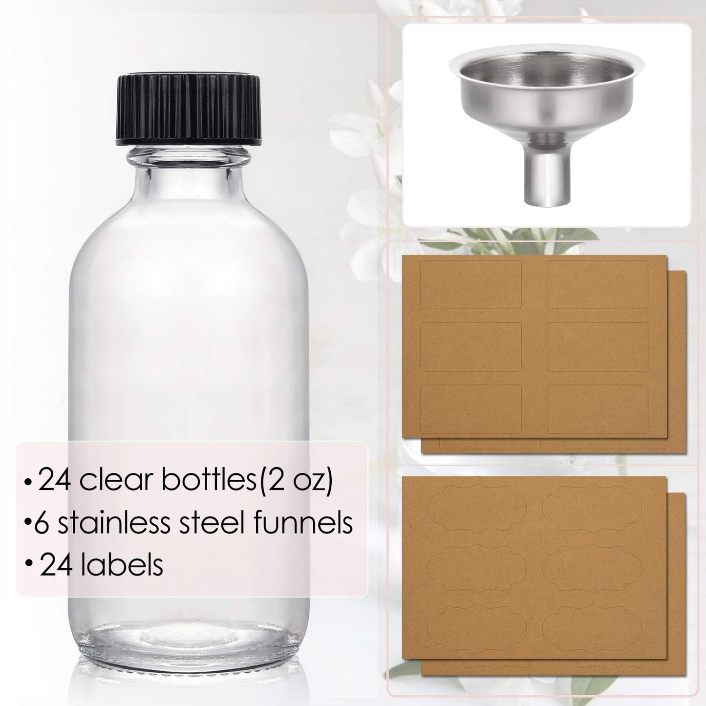 24 Pack, 2 oz Small Clear Glass Bottles w/ Lid & 6 Stainless Steel Funnels - 60ml Boston Sample Bottles - Mini Travel Essential or Decorative Bottles for Potion, Juice, Wellness, Ginger Shots, Whiskey