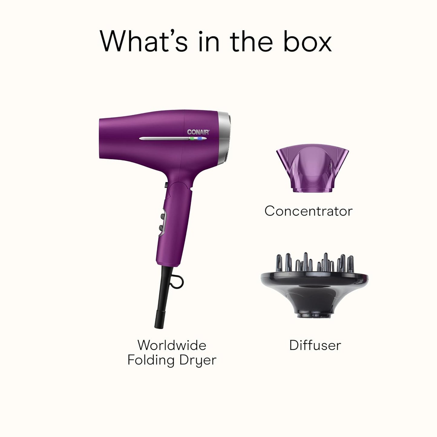 Conair Folding Handle Hair Dryer - 1875W Travel Blow Dryer with Ionic Conditioning | Purple, Concentrator & Diffuser Included