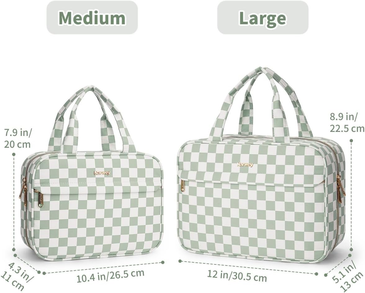 Hanging Toiletry Bag for Women - Checkered Travel Makeup Organizer | Mint Green Checkerboard, Medium Size