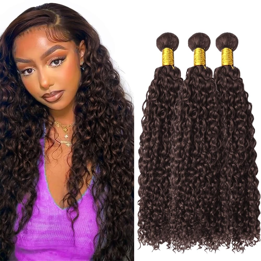 Color 4 Brown Kinky Curly Bundles Human Hair Dark Brown Bundles Light Brown Curly Wave Human Hair Brazilian Hair Wet and Wavy Silky Soft for Black Women(14 16 18) inch
