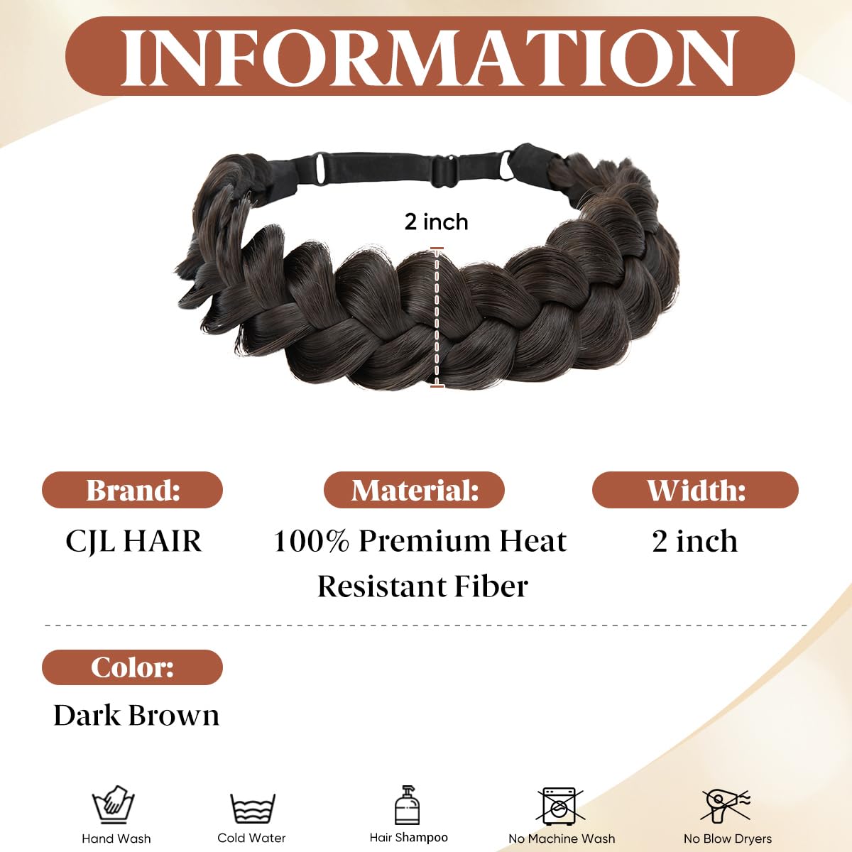 Wide Elastic Braided Headbands for Women - Adjustable Synthetic Hair Hairpiece | Dark Brown