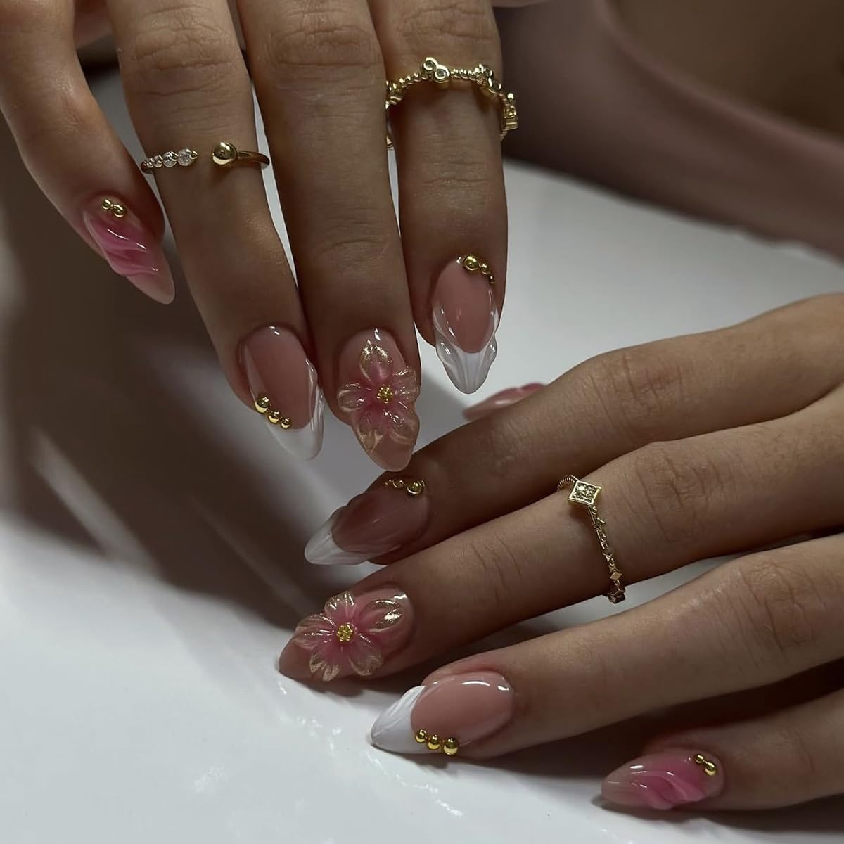 French Tip Almond Press-On Nails - Cat's Eye Acrylic with 3D Charms | 24 Pcs Set