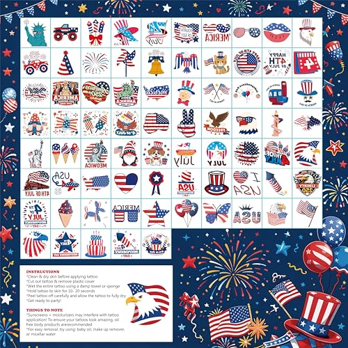 4th of July Temporary Tattoos Set - 150 USA Patriotic Designs