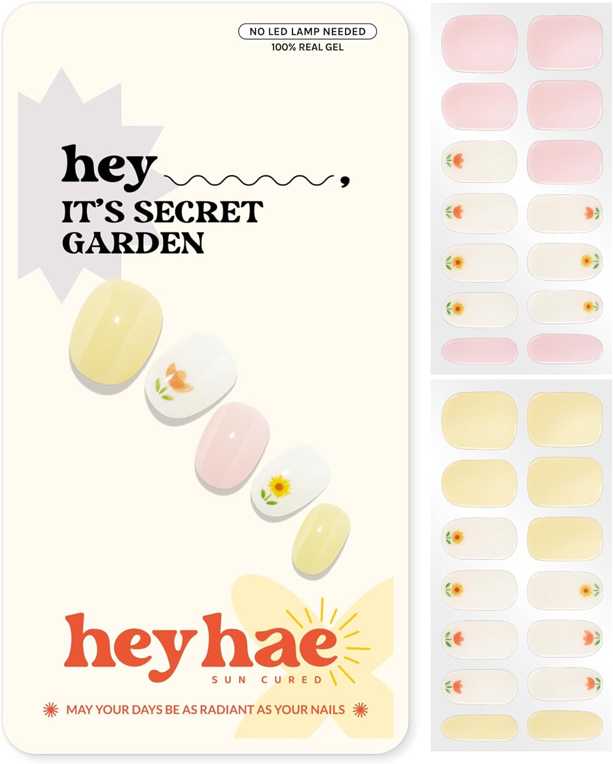 Heyhae Semi Cured Gel Nail Strips - Easy Apply Floral Design, No LED Lamp Needed | 28 Strips, Prep Pads & File Included