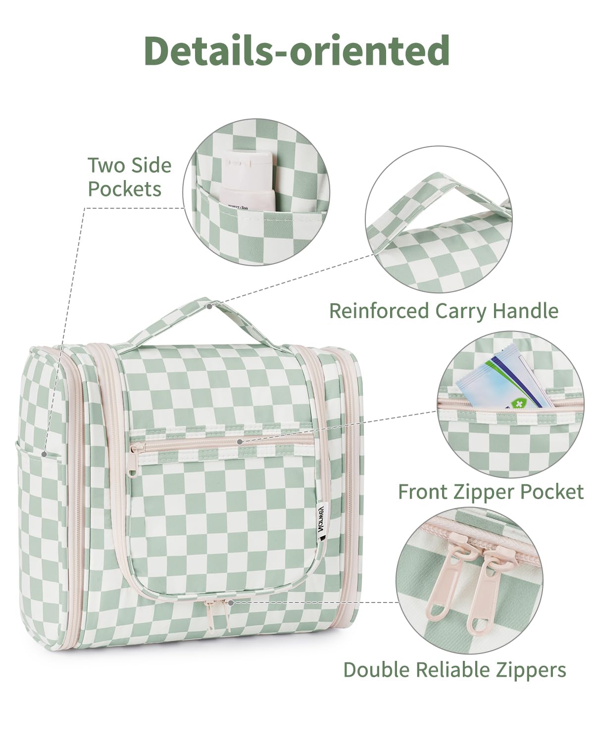 Narwey Travel Toiletry Bag for Women, Checkered Large Hanging Makeup Bag Organizer Cosmetic Make up Bags for Women, Travel Bag for Toiletries (Mint Green Checkerboard)