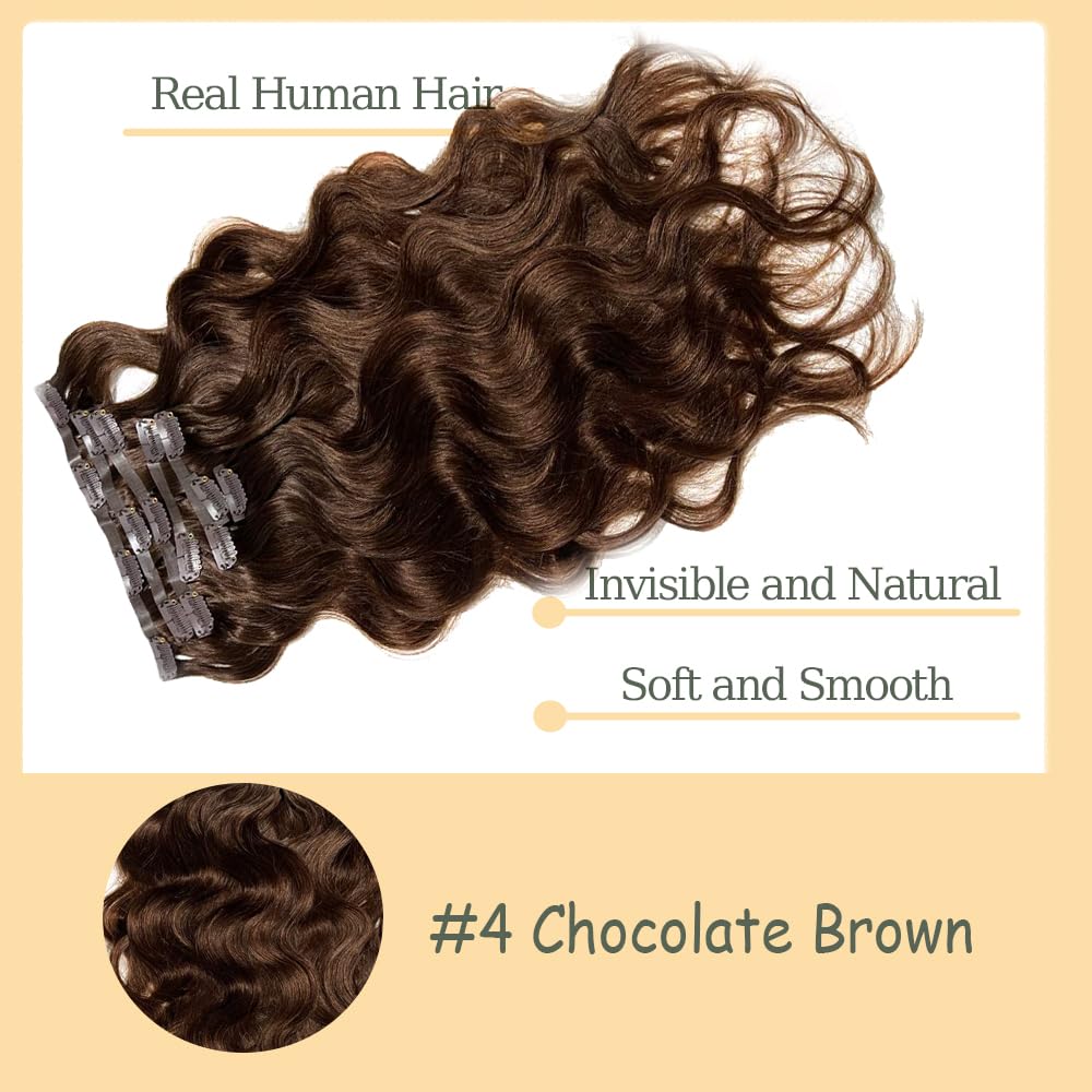 #4 Brown Clip in Hair Extensions Real Human Hair,18 Inch 120g/7Pcs,Full Shine Dark Brown Remy Human Hair,Chocolate Brown Body Wave Clip ins Brazilian Hair Extensions