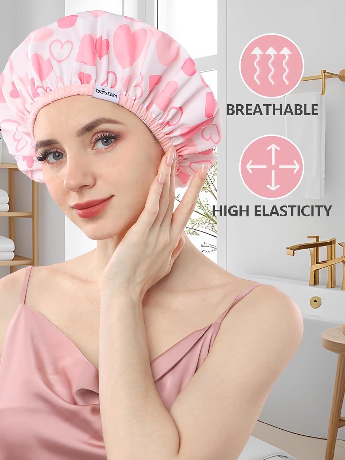 Reusable Waterproof Shower Caps for Women - Double Layer, Reversible Design | Soft Elastic Keeps Hair Dry