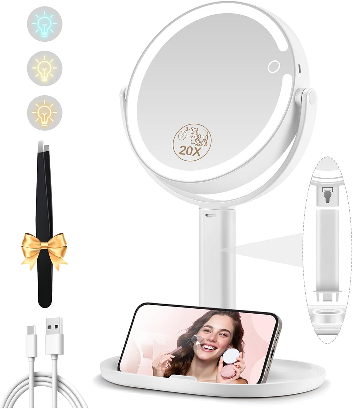 Makeup Mirror with Lights - Double-Sided 1x/20x Magnifying, Rechargeable, 3 Color Options | 360° Rotation, Black