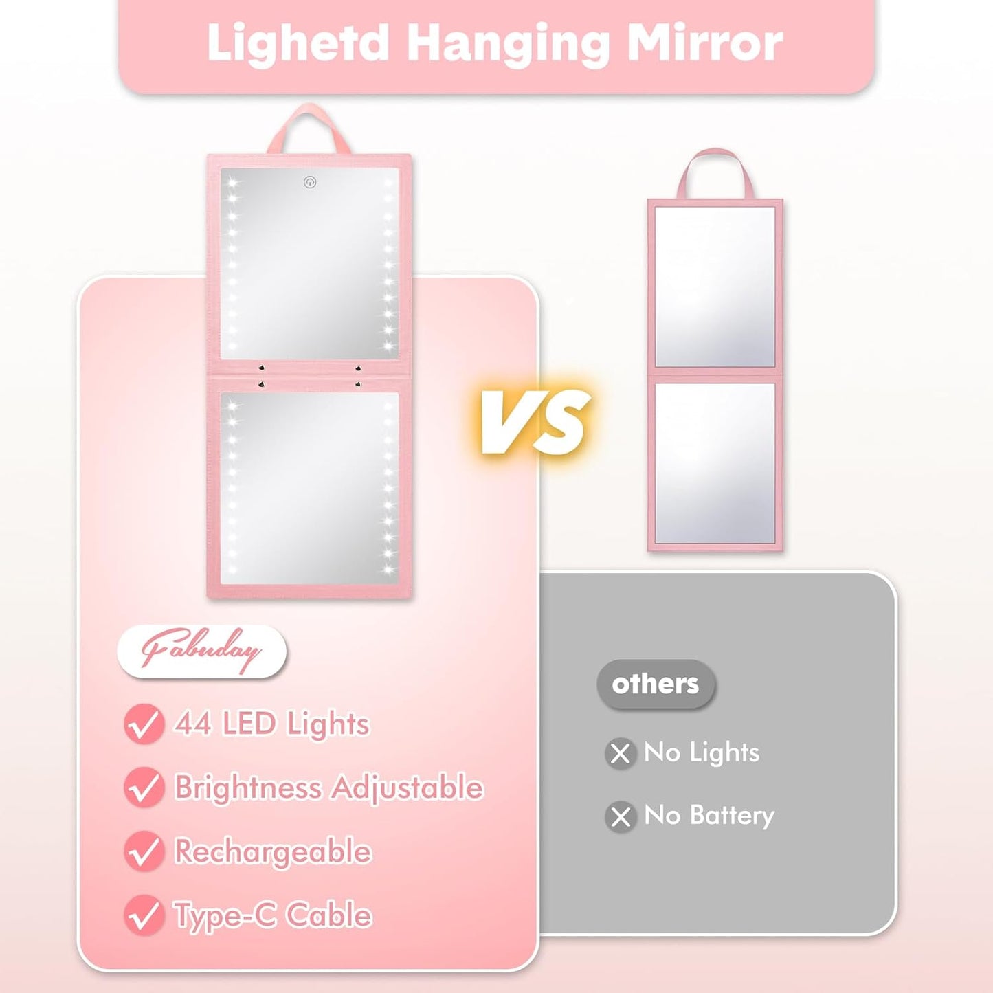 Lighted Hanging Mirror - Rechargeable LED Full Length Mirror with Adjustable Brightness | Portable Pink Travel Body Mirror for Dancers