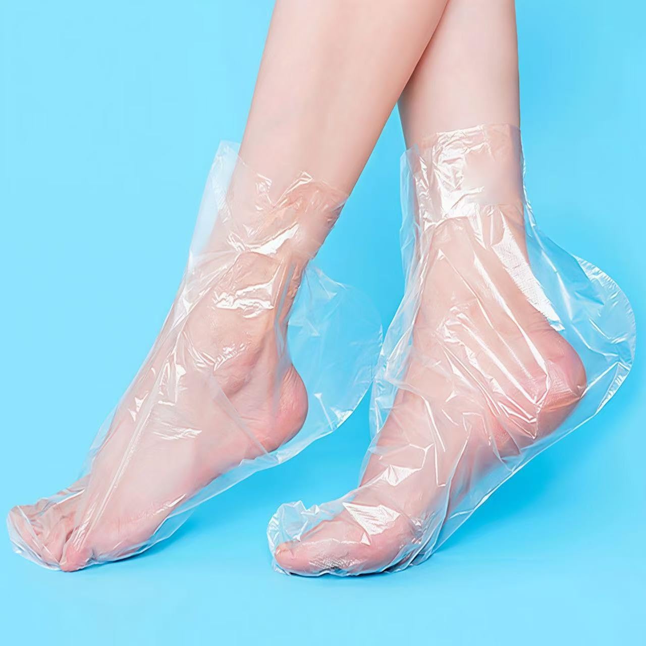 100PCS Disposable Foot Cover Booties, Clear Plastic Pedicure Wraps for Soaking, Moisturizing & Foot Spa Treatment, Home Pedicure Tool for Dry Cracked Heels, One Size Fits Most