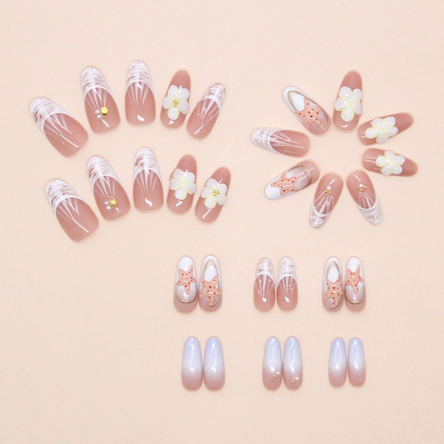 30Pcs Summer Press on Nails Medium Almond French Tip Fake Nails with 3D Ocean Seashell Starfish Designs Yellow Flower False Nails Pink Glossy Full Cover Water Ripples Acrylic Stick on Nails for Women