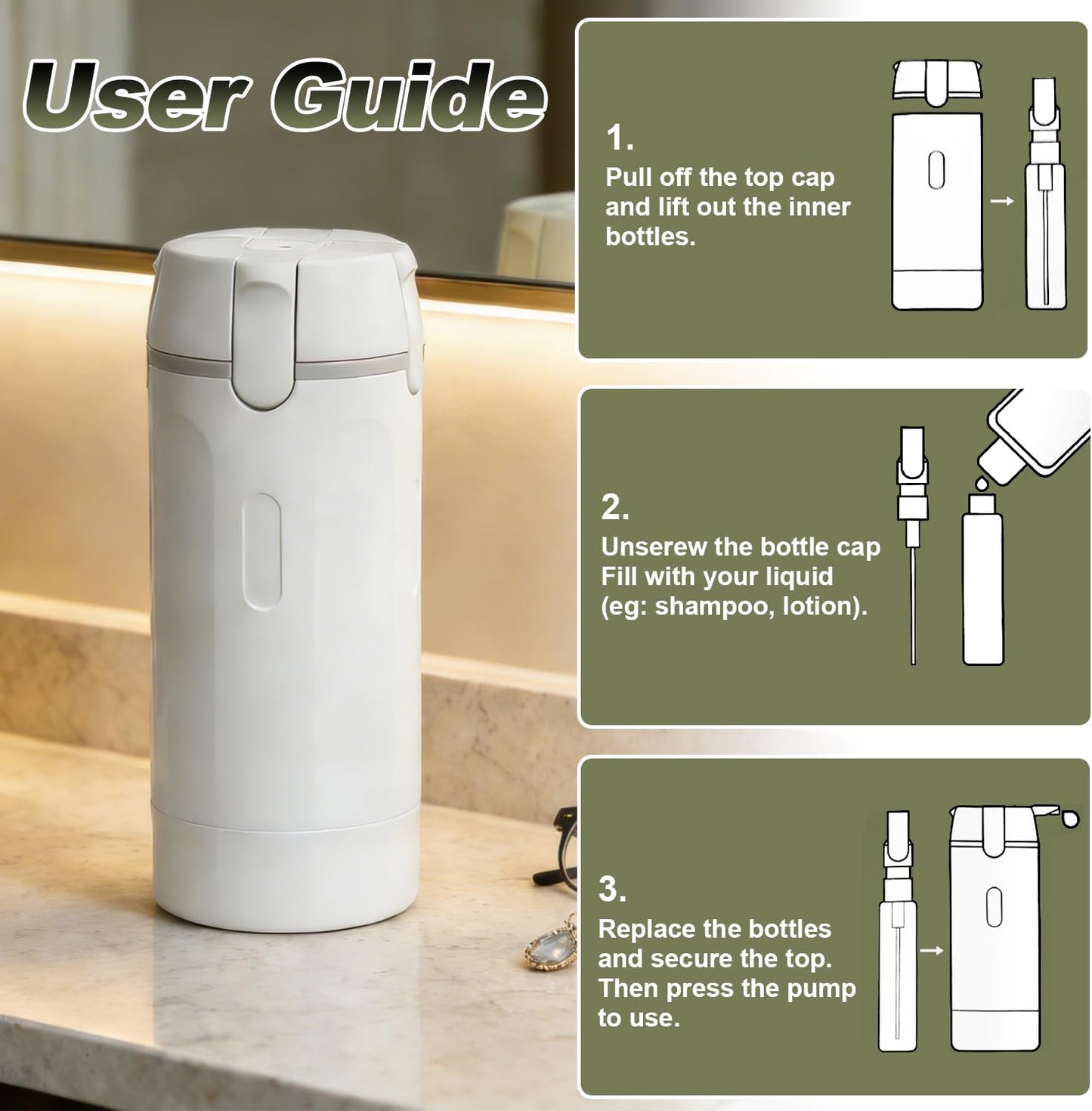 Travel Pump Dispenser Bottles - 4 in 1 Leak-Proof 30ML Containers with Measurement Scale & Labels | Green