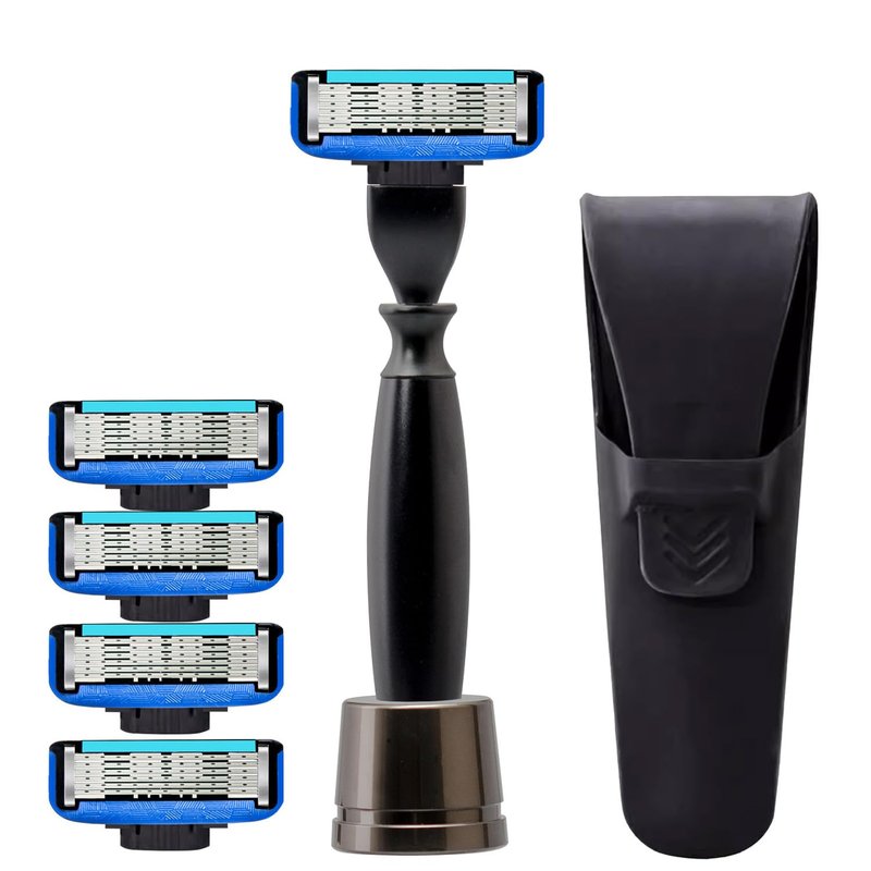 ZENGRASOIR 5 Refillable Razors with Stand for Men, Safety Razor Travel Case, Long-Lasting 5 Blade Razors for a Smooth and Comfortable Shave, 1 Handle and 5 Cartridges, 8 Piece Shaving Kit