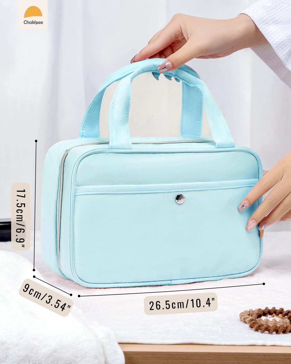 Chakipee Travel Hanging Toiletry Bag for Women - Waterproof Cosmetic Organizer with Clear Window, Lightweight Bathroom Bags for Essentials, Makeup, Shampoo, Toiletries Blue,Medium