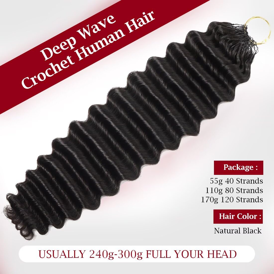 Miracle Knots Feather Human Crochet Hair 16 Inch 110g Pre-Looped 100% Human Hair for Deep Crochet Styles Invisible Seamless Knotless Soft Deep Wave Crochet Hair for Black Women (1B)