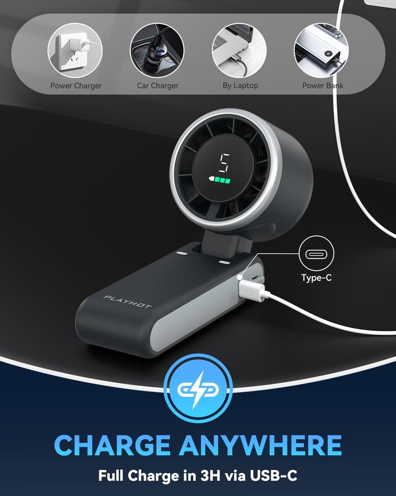 Portable Handheld Turbo Fan - USB-C Rechargeable, 5-Speed Cooling | 12-Hour Battery Life, Ideal for Travel & Outdoor Activities (Black)