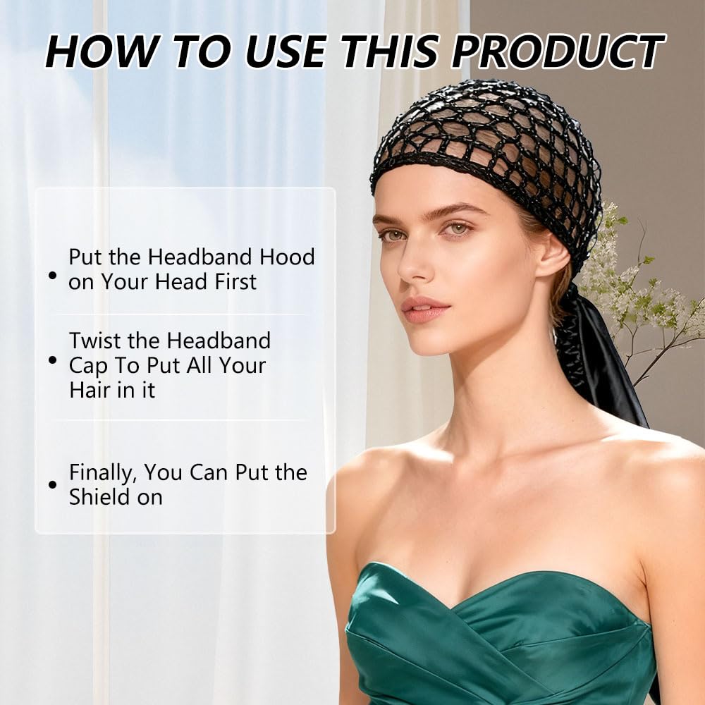 Wrap Cap Hair Net, 2 in 1 Silk Press Bonnet for Women, Adjustable Satin Doobie Wrap for Long Curly Hair Black