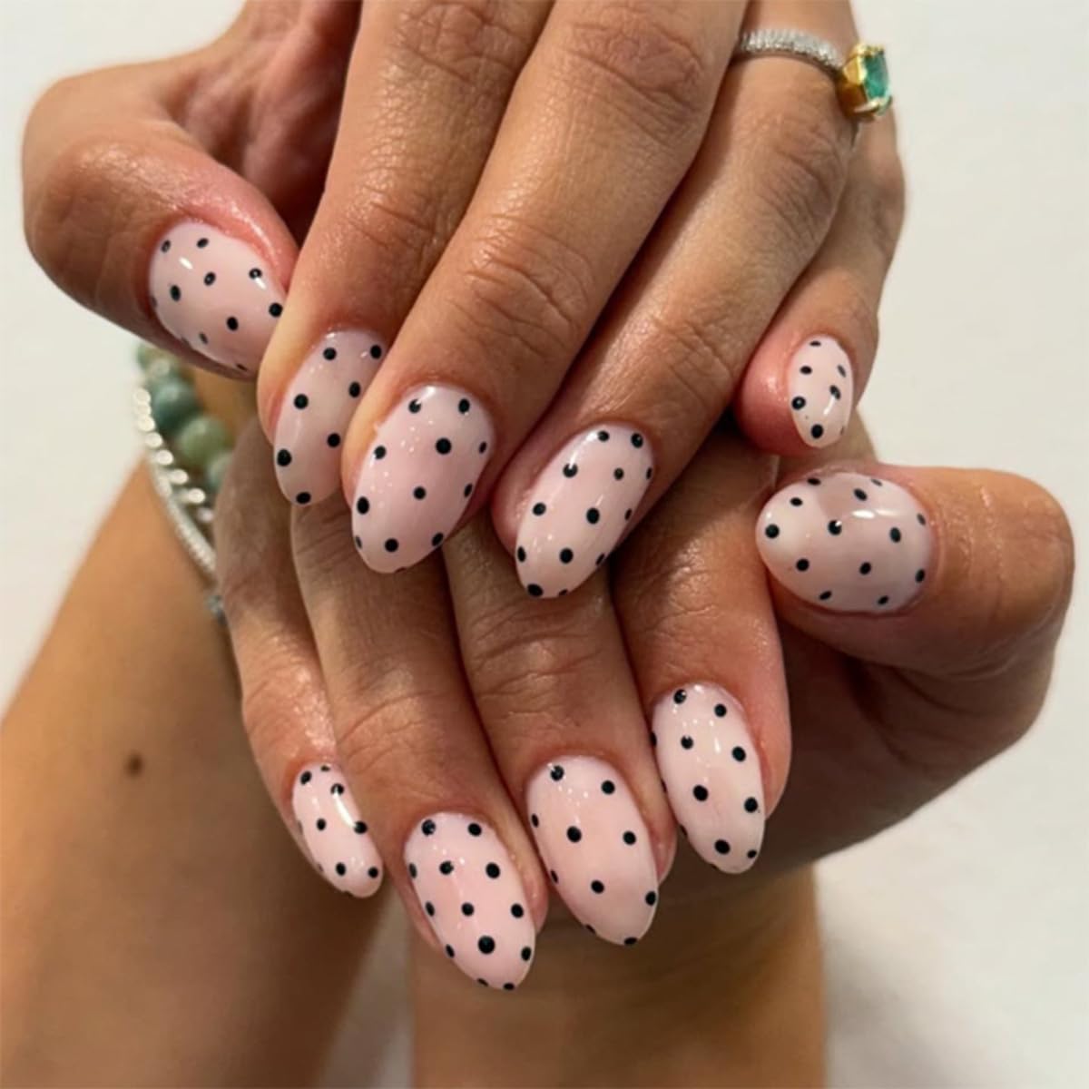 Almond Yellow French Tip Press-On Nails - Ladybug & Green Leaves Design | Reusable Full Cover 24 Pcs for Spring/Summer Manicure