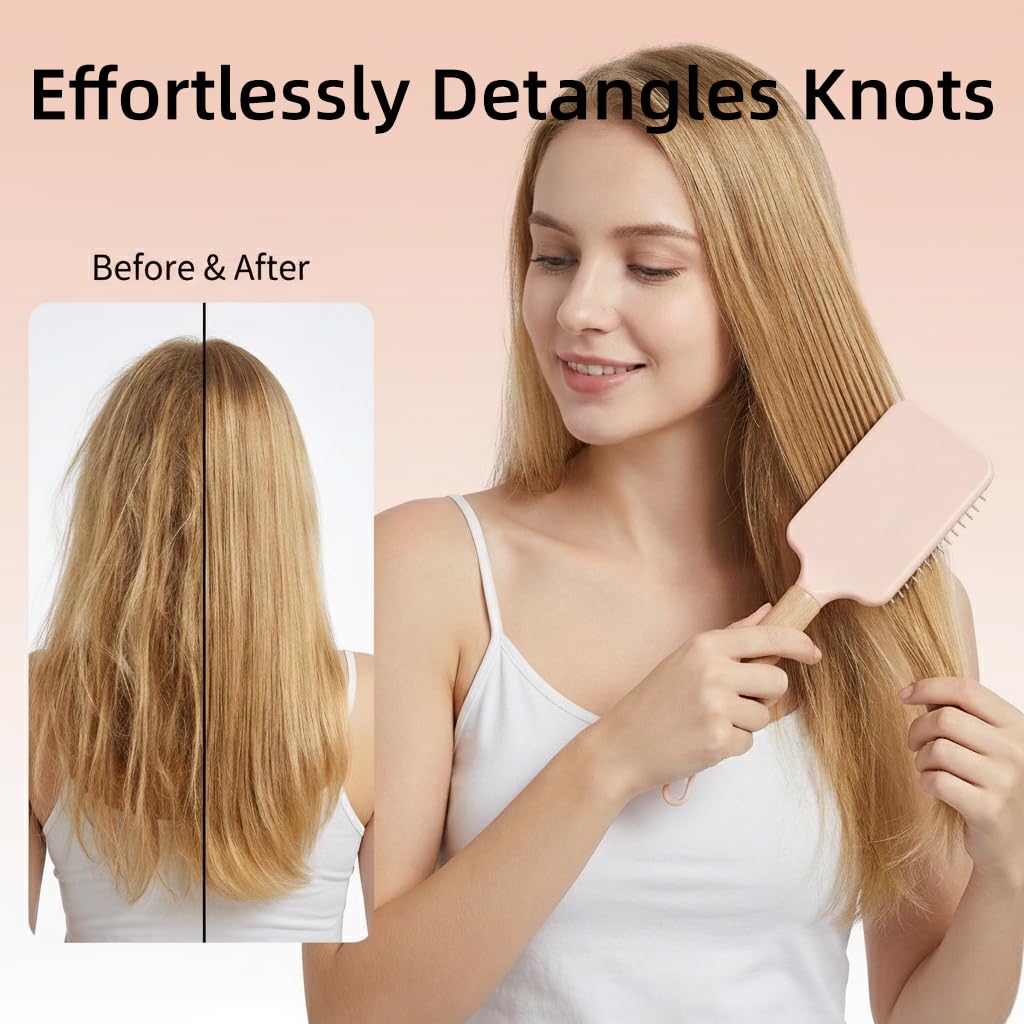 Detangling Hair Brush for Thick, Curly Hair - Solid Wood Handle & Cushion Base | Blue
