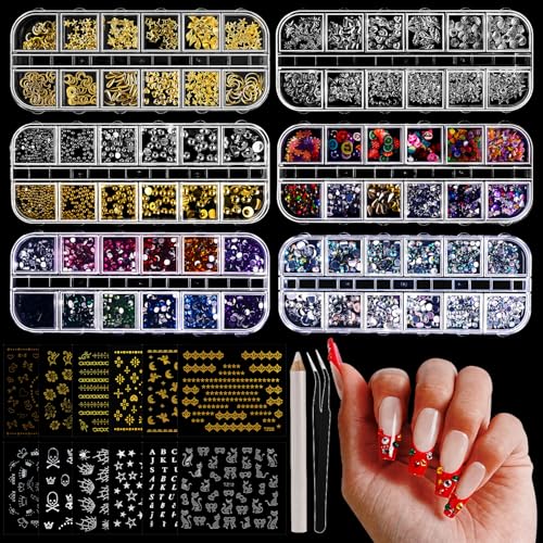 JODSONE Nail Art Rhinestones Kit with 6 Boxes & 12 Stickers