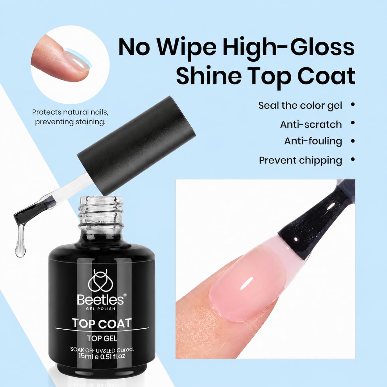 Beetles 3Pcs 15ml Builder Nail Gel with No Wipe Top Coat and Base Coat Kit for Gel Polish Shine Finish & Long Lasting Nail Protection UV/LED Lamp Needed Gift for Women