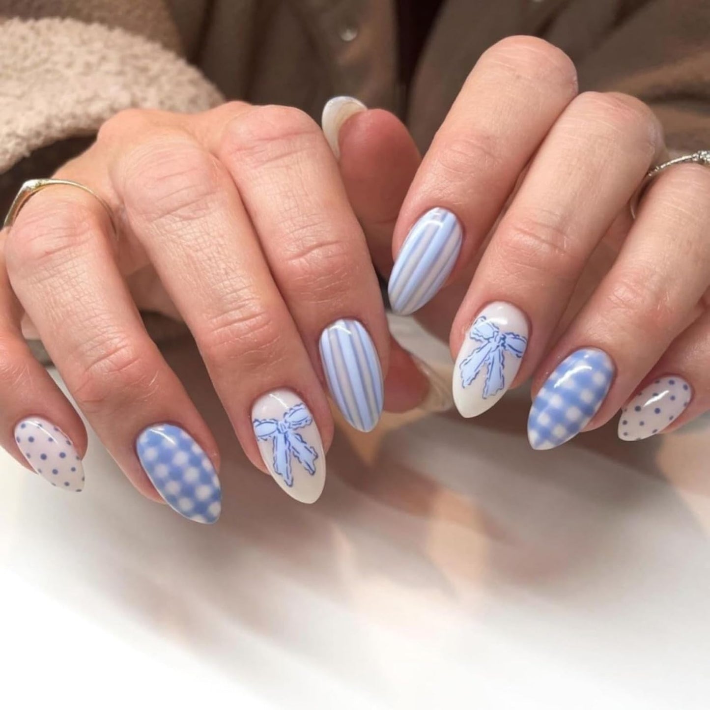 Flower Nail Press Ons - French Tip 3D Floral Butterfly Acrylic Nails | Glossy Pink Medium Almond Full Cover - 24 Pcs