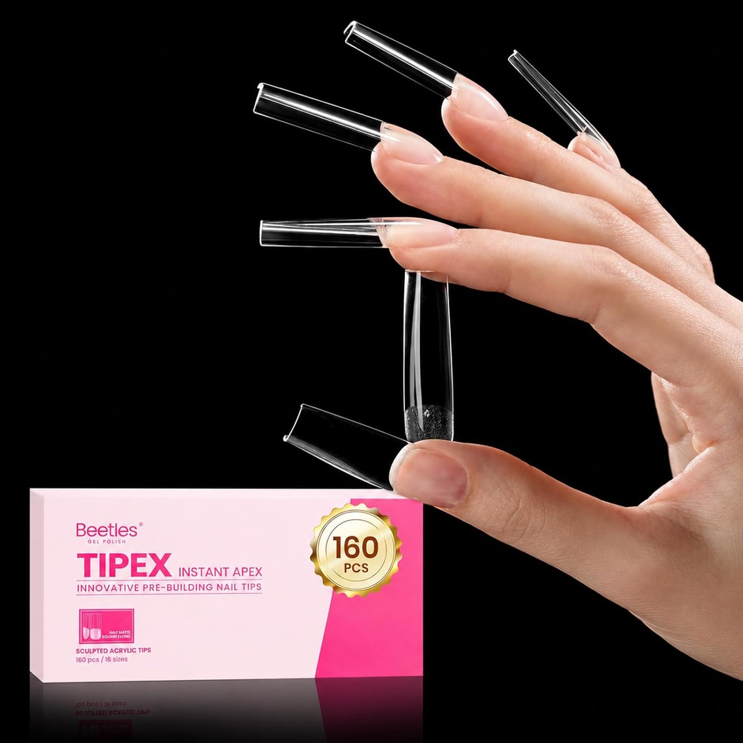 Beetles Apex Nail Tips - XXL Square, 160pcs in 16 Sizes (00-14) | No Builder Gel Needed for DIY Salon Extensions