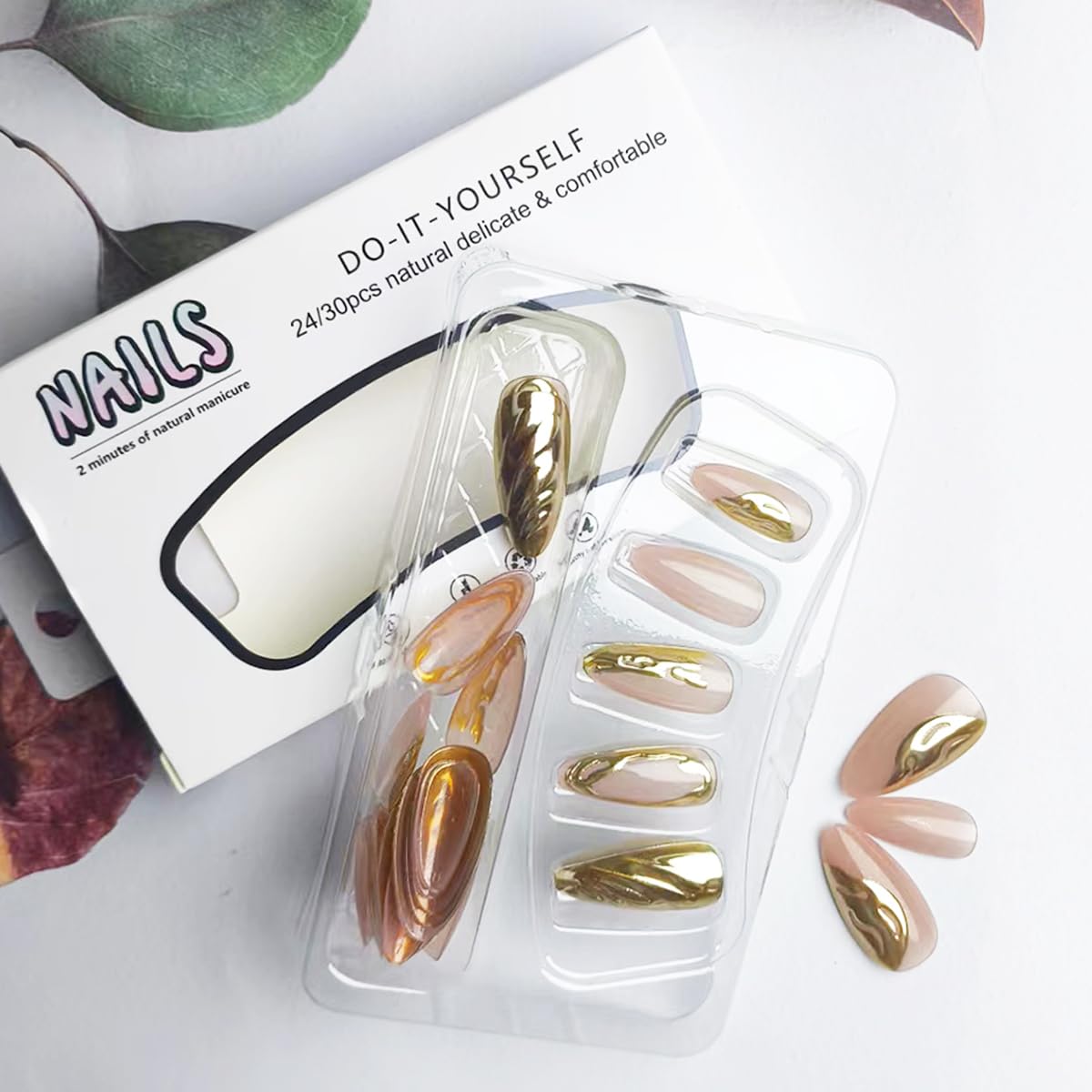Short Almond Press-On Nails - 3D Gold Carved Ripple Design | Glossy Full Cover Acrylic Nails - 24 Pcs Nude Pink Manicure Set