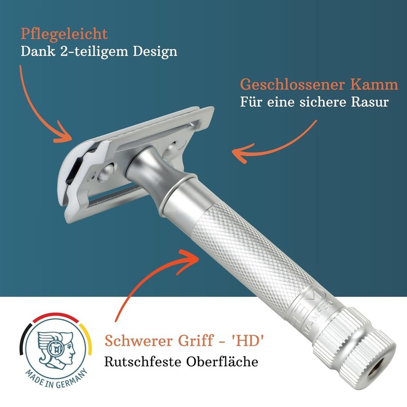 MERKUR 34C Double Edge Safety Razor - Matte Chrome | Heavy Duty Knurled Brass Handle | Made in Germany | Plastic-Free | Two Piece Design | Closed Comb | Straight Bar