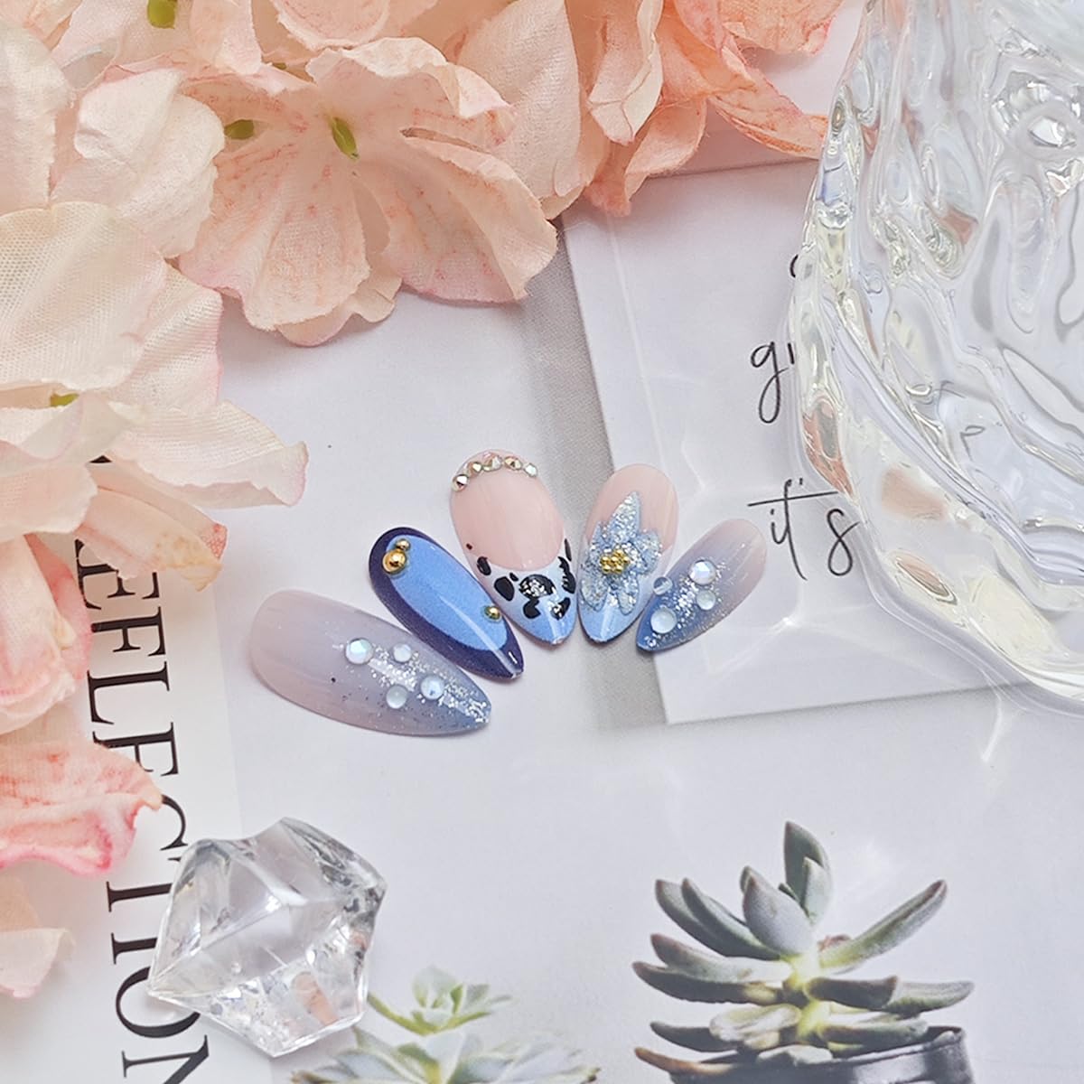 Leopard Print French Tip Press-On Nails - Medium Almond Shape with 3D Blue Flowers & Bling Rhinestones | Full Cover Acrylic Manicure