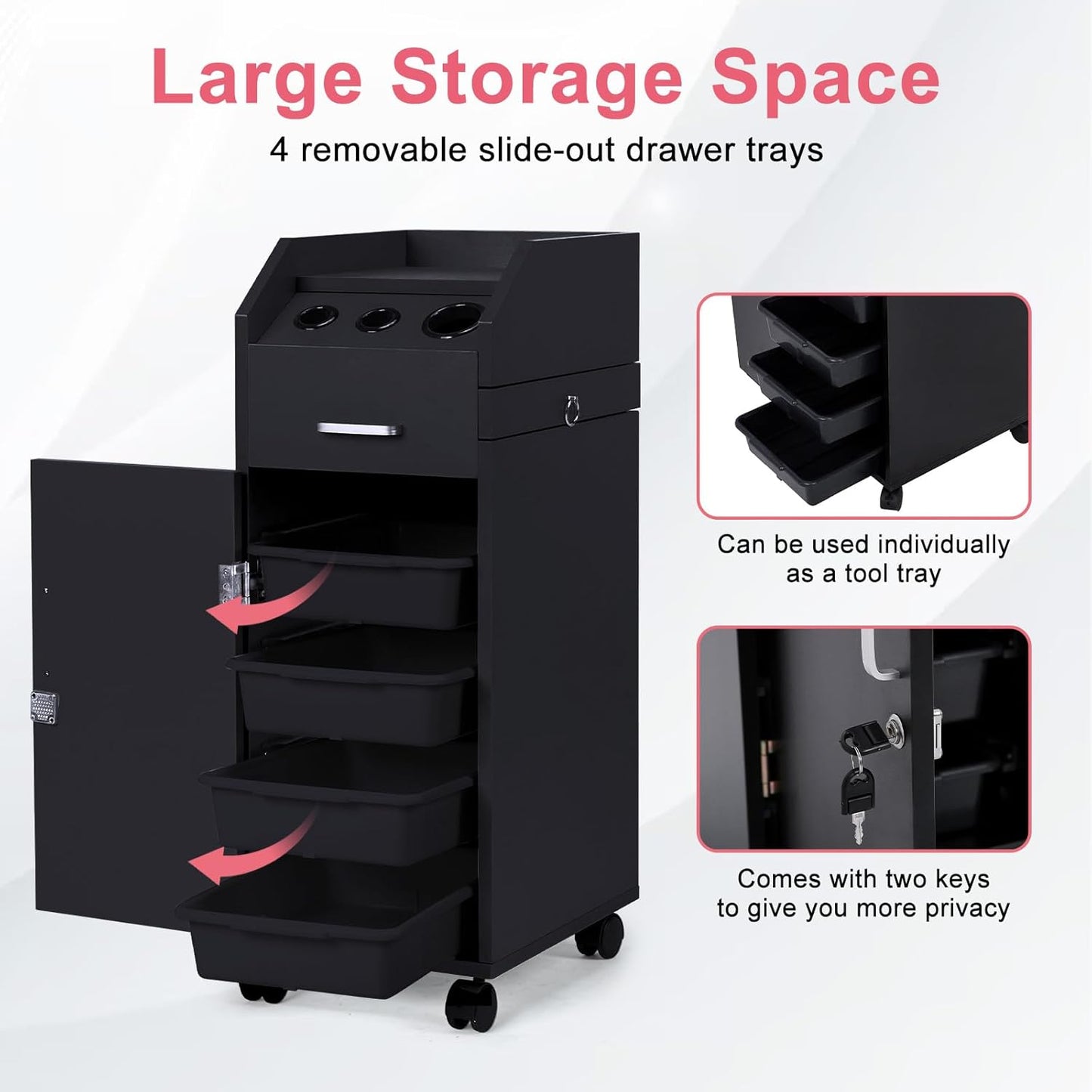 Hair Salon Storage Cart - Mobile Makeup Case with Wheels, 3 Hair Dryer Holders & 4 Drawers | Black Utility Trolley