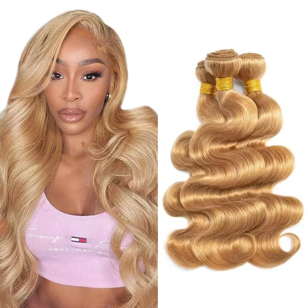 330g 28 30 32 inch AuokMar Honey Blonde Bundles 27 Body Wave Bundles Huma Hair Double Weft Soft Real 27 Blonde 3 Bundle Human Hair Extensions